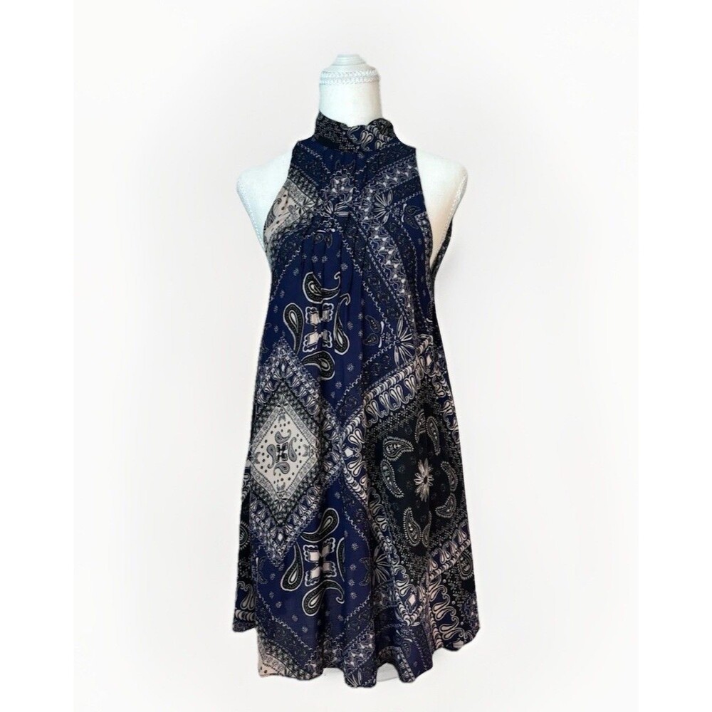 Free People Intimately Beaux Bandana Print Swing Dress Blue Open Back Mini Small